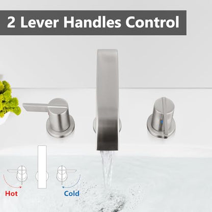 Brushed Nickel Bathroom Faucet 3 Hole 8 Inch Widespread Waterfall | 2-Handle Vanity Faucet, Pop-Up Drain, Supply Lines, Adjustable 4- to 16-Inch Widespread Fit, 360° Swivel Spout - color: Brushed Nickel