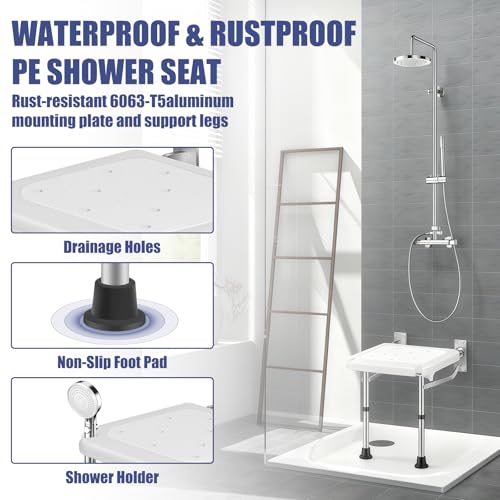 Wall Mounted Folding Shower Seat | Height-Adjustable, 400lbs Heavy Duty Support, Foldable, For Elderly, Adults, Pregnant Women & Disabled