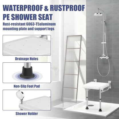 Wall Mounted Folding Shower Seat | Height-Adjustable, 400lbs Heavy Duty Support, Foldable, For Elderly, Adults, Pregnant Women & Disabled