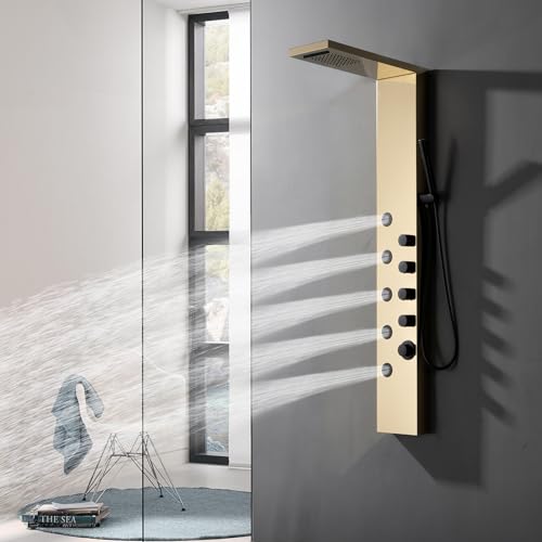 Shower Panel Tower System with Rainfall Shower Head | 5 Body Jets and Handheld Shower Head,Modern Massage Shower System Polished Gold and Black by Homevacious - color: Polished Gold and Black, style: Standard Shower Panel