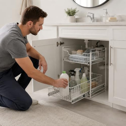 Juju 2-Tier Under Sink Organizer - Steel Wire Pull-Out Storage Rack for Kitchen and Bathroom Cabinets