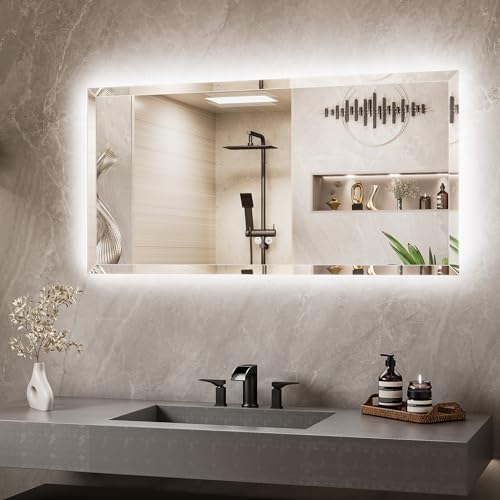 Backlit Bathroom Mirror 48 x 24, Frameless LED Mirror for Bathroom, Safe Tempered Glass, 3 Color Temperature, Defogging, Dimmable, Smart Bathroom Mirror, Wall-Mounted Vanity Mirrors - size: 24"L x 48"W