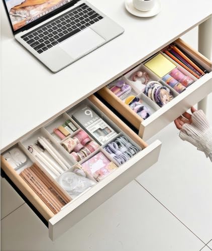 Retractable Drawer Storage Box - 6 Detachable Dividers with 2.04 Inch Shallow Drawer Height PET for Kitchen Utensils, Cosmetics, Office Supplies Storage (10.43 Inch L,20.27 Inch) - color: White