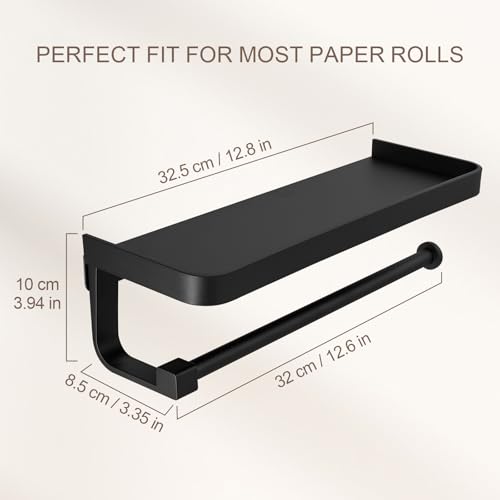 Paper Towel Holder Wall Mount with Shelf, Bathroom/Kitchen Paper Towel Holder, Effortless One-Handed Tear, Rust-Proof Metal for Bedroom - color: Black