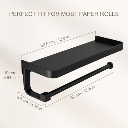 Paper Towel Holder Wall Mount with Shelf, Bathroom/Kitchen Paper Towel Holder, Effortless One-Handed Tear, Rust-Proof Metal for Bedroom - color: Black