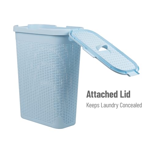 Mind Reader Slim Laundry Hamper with Lid, 40L Clothes Basket, Narrow Tapered Design with Ventilated Cutout Pattern, Plastic, Baby Blue - color: Baby Blue, size: Single