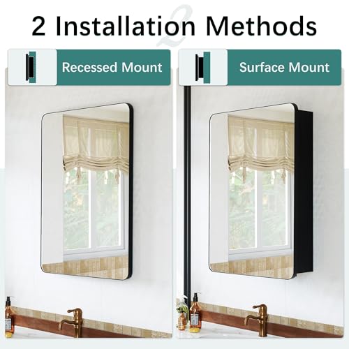 24 x 30 Black Medicine Cabinet Mirror, Recessed or Surface Mount | Bathroom mirror with storage; rustproof aluminum; 6 adjustable glass shelves; tall-bottle divider; soft-close; preassembled - size: 24" x 30"