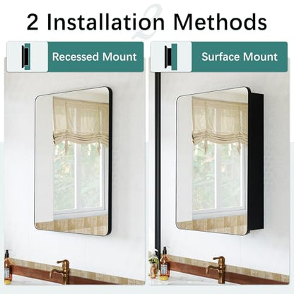 24 x 30 Black Medicine Cabinet Mirror, Recessed or Surface Mount | Bathroom mirror with storage; rustproof aluminum; 6 adjustable glass shelves; tall-bottle divider; soft-close; preassembled - size: 24" x 30"