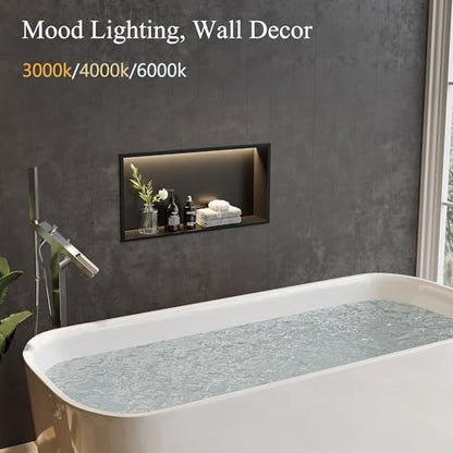 24"x12"Black LED Shower Niche,3 CCT Dimmable Light, No Tile Needed | 304 Stainless Steel Bathroom Niche w/ Light(3000K/4000K/6000K), IP66 Waterproof, Space Saving & Durable ,LED Driver Included - color: Matte Black, size: 24X12In