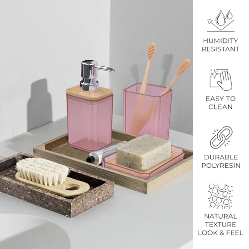 CERBIOR Bamboo Bathroom Accessories Set 7 Piece Bath Ensemble,Pink | Includes Soap Dispenser, Toothbrush Holder, Toothbrush Cup, Soap Dish for Decorative Countertop and Housewarming Gift - style: Pink