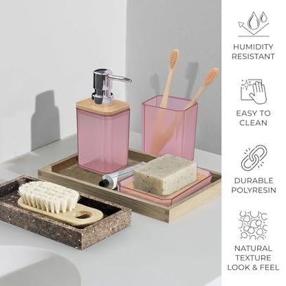 CERBIOR Bamboo Bathroom Accessories Set 7 Piece Bath Ensemble,Pink | Includes Soap Dispenser, Toothbrush Holder, Toothbrush Cup, Soap Dish for Decorative Countertop and Housewarming Gift - style: Pink