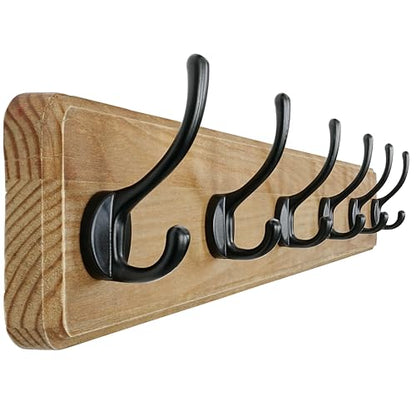 Coat Rack Wall Mount: 24" Long, Patented, Heavy-Duty, 6-Double-Hooks Wooden Hanger Hook Rail for Winter Coats Hat Jacket Clothing, Weathered Brown - color: Weathered Brown & Black, size: L=24"(1pcs)