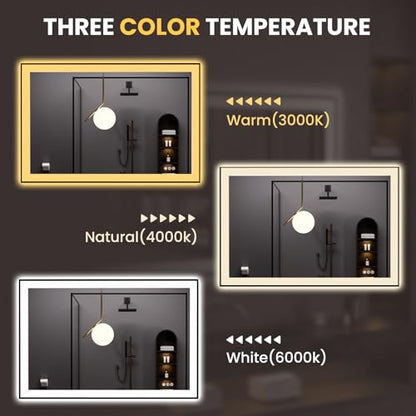 LOAAO 48"X32" LED Bathroom Mirror Black Framed | Anti-Fog, Dimmable, Memory Function, Tempered Glass, Lighted Vanity Mirror for Wall - size: 48"L x 32"W