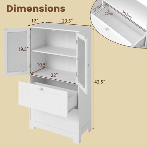Tangkula Bathroom Floor Storage Cabinet, Freestanding Cupboard Pantry with 2 Drawers and 2 Frosted Glass Doors, Adjustable Shelf, for Kitchen, Living Room, Dining Room, 23.5" x 12" x 42.5" (White)