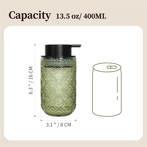 13.5 oz Glass Soap Dispenser, Luxurious Floral Embossed Glass Bathroom Countertop Foaming Pump for Kitchen Vanity (Green) - color: Green