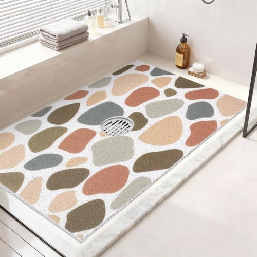 Non Slip Shower Mat: 32x24 Inch Extra Large Shower Mats for Inside Shower with Drain Hole in Middle - Soft PVC Loofah Anti Slip Shower Floor Mat for Standing and Walk-in Shower, Quick Drying - color: Brown Pebbles, size: 24" x 32" (Rectangular)