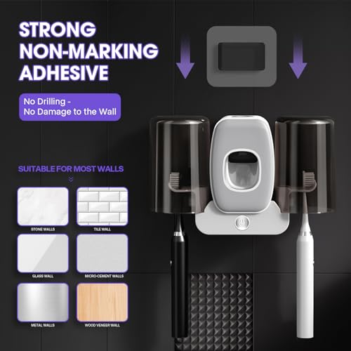 LXIANGN 3 in 1 Toothbrush Cleaner Holders,Rechargeable Wall Mounted Toothbrush Holder Toothpaste Dispenser Automatic 2 Cups Tooth Brush Holder for Bathroom, No Drilling, 4 Slots, Grey - color: Grey