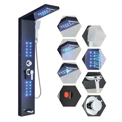 Shower Panel Wall Mount Shower Tower with LED Shower Head System Full Body Shower Jets Contemporary Shower Panels Stainless Steel Shower Faucet Set Matte Black