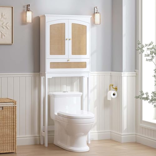 Spirich Over the Toilet Storage Cabinet with Arched Rattan Doors, White | Tilt-Out Storage Cube, Adjustable Shelf, 33-Inch Clearance, Anti-Tip Bracket, Freestanding Bathroom Organizer for Toiletries - style: Arched