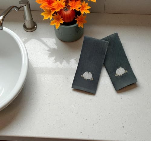 Serafina Home Fall Harvest Fingertip Towels: Embroidered Applique Light Grey Pumpkin on Gray Design, Plush Soft 100% Terry Loop Cotton, Set of 2, 12 x 18 Inches - color: Grey