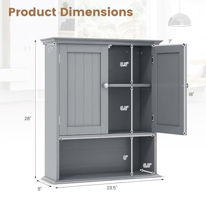 Bathroom Wall Cabinet, Over the Toilet Storage Cabinet with 2 Doors, 3 Heights Adjustable Shelf & Open Shelf, Wooden Hanging Medicine Cabinet for Bathroom, Kitchen, Living & Laundry Room, Gray - color: Grey