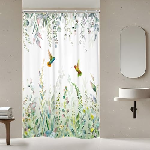 Sage Green Eucalyptus Stall Narrow Hummingbird Bathroom Shower Curtain Set | 48"W x 72"H Plants Botanical; waterproof HD print, quick-dry fabric with 12 free hooks for easy hanging. - color: A-sage Green, size: 48"W x 72"L (Pack of 1)