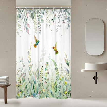 Sage Green Eucalyptus Stall Narrow Hummingbird Bathroom Shower Curtain Set | 48"W x 72"H Plants Botanical; waterproof HD print, quick-dry fabric with 12 free hooks for easy hanging. - color: A-sage Green, size: 48"W x 72"L (Pack of 1)