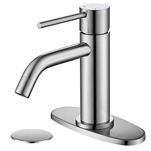 Brushed Nickel Single Hole Bathroom Faucets Single Handle, JXMMP Brushed Bathroom Vanity Sink Faucet with Pop Up Drain Assembly and 6 inch Deck Plate - color: Brushed Nickel, size: Faucet with Deck Plate