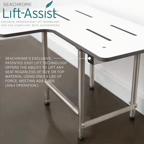 Seachrome 34" x 22.5" Lift-Assist ADA L-Shaped Reversible Bathroom Shower Bath Transfer Seat, Folding Wall-Mounted White Phenolic Seat with Swing Down Legs - color: White, size: 34 x 22.5 in.