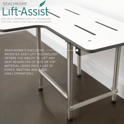 Seachrome 34" x 22.5" Lift-Assist ADA L-Shaped Reversible Bathroom Shower Bath Transfer Seat, Folding Wall-Mounted White Phenolic Seat with Swing Down Legs - color: White, size: 34 x 22.5 in.