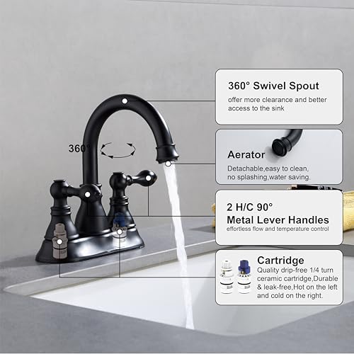 Matte Black 4 Inch Centerset Bathroom Sink Faucet 3 Hole with Pop up Drain | Derengge High Arc Classic 2-Handle Bathroom Faucet, Vanity Lavatory Faucet with 360° Swivel Spout，F-4501-MT - color: Matte Black
