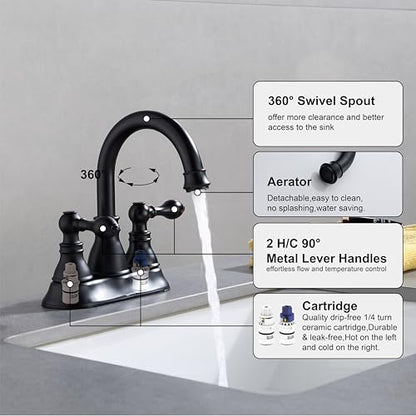 Matte Black 4 Inch Centerset Bathroom Sink Faucet 3 Hole with Pop up Drain | Derengge High Arc Classic 2-Handle Bathroom Faucet, Vanity Lavatory Faucet with 360° Swivel Spout，F-4501-MT - color: Matte Black