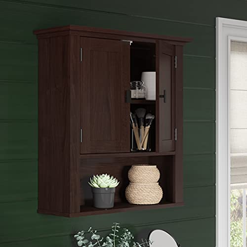 RiverRidge Hayward 2-Door Bathroom Wall Medicine Cabinet, Dark Woodgrain | Open Display Shelf, Adjustable Interior Shelf, Laundry Storage, Wall-Mounted Over the Toilet Space-Saving Cabinet - color: Dark Woodgrain
