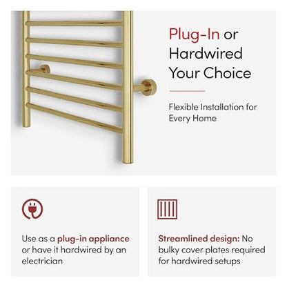 Heated Towel Rack, 10-Bar Wall-Mounted Electric Towel Warmer, Polished Gold, Plug-in or Hardwired, Luxury Bathroom Accessory for Warm, Dry Towels (WarmlyYours Infinity) - color: Polished Gold