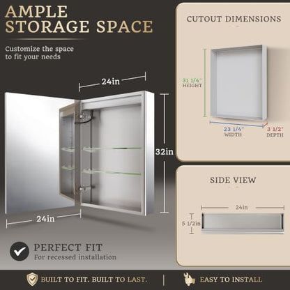 24x32 Lighted Medicine Cabinet, Separate Front & Back Lights | Surface/Recessed LED Medicine Cabinet for Bathroom with Side Mirrors, Dimmable Light, Anti-Fog, Memory,Silver Aluminum Frame - size: 24" x 32" (Left Hinge)