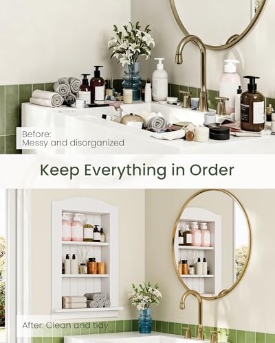 Recessed Wall Niche, 3-Tier Recessed Medicine Cabinet, Bathroom Cabinet Wall Mount, Bamboo Medicine Organizer, Wall Storage Cabinet, for Bathroom, Living Room, Kitchen, White - size: 17.6"L x 2.1"W x 26.7"H