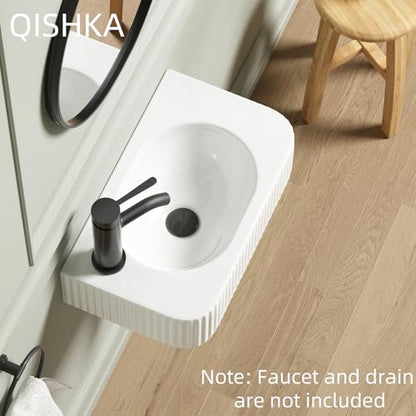 Wall Hung Bathroom Sink, QISHKA 17.5" X 11" Rectangular Floating Ceramic Wash Hand Basin White Wall Mount Vessel Sink for Small Bathroom and Small Cloakroom - size: 17.5" x 11" x 4.7"