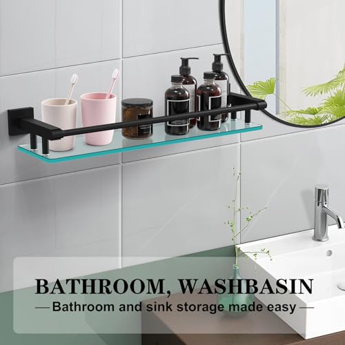 Bathroom Glass Shelf 20IN Rectangular Stainless Steel Tempered Glass Shelves Modern Stainless Steel Wall Mount Bathroom Shelf (Matte Black, 20‘’) - color: Matte Black, size: 20'' with Railing