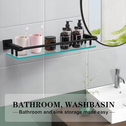 Bathroom Glass Shelf 20IN Rectangular Stainless Steel Tempered Glass Shelves Modern Stainless Steel Wall Mount Bathroom Shelf (Matte Black, 20‘’) - color: Matte Black, size: 20'' with Railing
