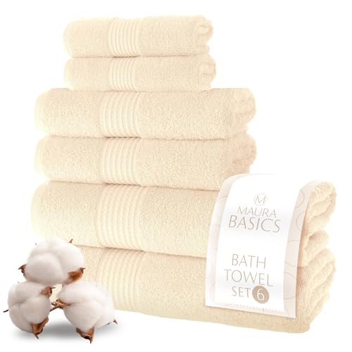 MAURA Basics Bath Towel Sets for Bathroom with Hanging Hook Loops. 2 Bath Towels, 2 Hand Towels, 2 Washcloths, Soft, Durable, Long Lasting and Absorbent Towels Set, Cream - color: Cream, size: Towel Set (6-Pack)