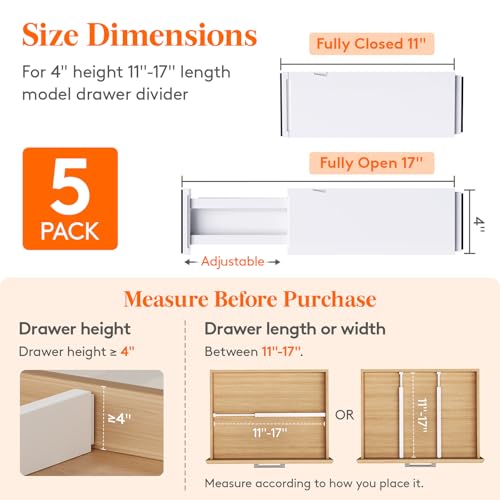 Lifewit 5 Pack Upgrade Drawer Dividers for Clothes, 4" High 11"-17" Adjustable Dresser Drawer Organizers, Expandable White Plastic Drawer Separators for Kitchen, Nursery, Office Organization & Storage | 5 Pack 11"-17" Expandable White Plastic Drawer Separ