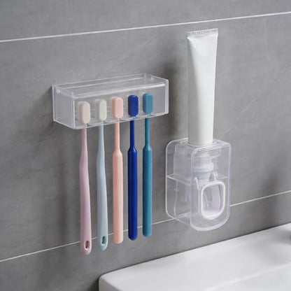 5 Slots Wall Mount Toothbrush Holder with Cover, Self Adhesive Tooth Brush Storage Organizer for Shower Bathrooms, Toothbrush Stand with Automatic Toothpaste Squeezer Dispenser - color: Clear Combination