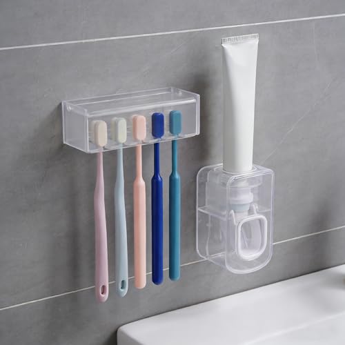 5 Slots Wall Mount Toothbrush Holder with Cover, Self Adhesive Tooth Brush Storage Organizer for Shower Bathrooms, Toothbrush Stand with Automatic Toothpaste Squeezer Dispenser - color: Clear Combination