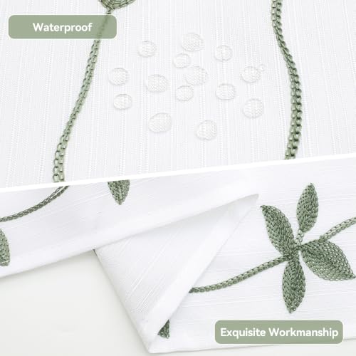 Embroidered Leaf Farmhouse Shower Curtain,Faux Linen,72x72,White Sage Green | Boho Modern Shower Curtain Set, Washable & Waterproof Fabric, Floral Shower Curtains for Bathroom with Hooks - color: White Sage Green