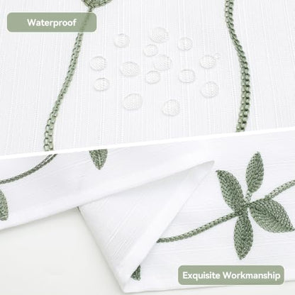 Embroidered Leaf Farmhouse Shower Curtain,Faux Linen,72x72,White Sage Green | Boho Modern Shower Curtain Set, Washable & Waterproof Fabric, Floral Shower Curtains for Bathroom with Hooks - color: White Sage Green