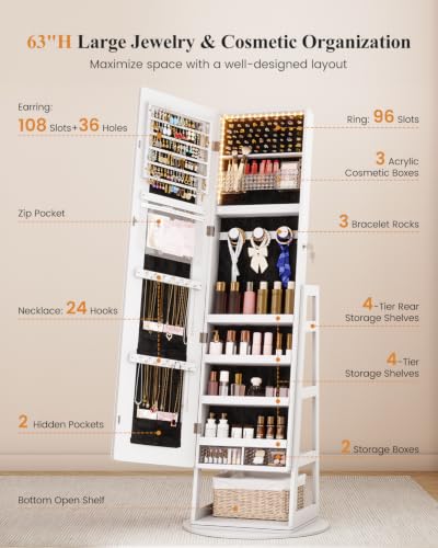 Standing Jewelry Cabinet Mirror with Adjustable LED Light White | 63" Lockable Jewelry Armoire Organizer with 4 Rear Shelves & Hooks, 360° Swivel, for Bedroom, Living Room, Women Girls Gift - color: White 1