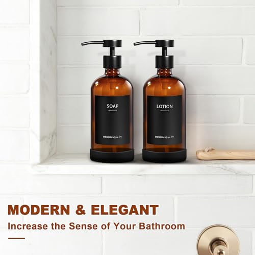 RYTOXILO Amber Glass Soap Dispenser 4 Pack, Hand Soap Dispenser Bathroom with Stainless Steel Pump, 16.9 Fl oz Hand and Dish Soap Dispensers Set Kitchen, Modern Brown Soap Lotion Dispensers Bottle - color: Amber, size: 4 Pack