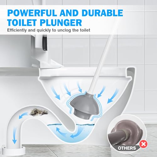 Toilet Plunger and Brush Set, Bowl Brush and Heavy Duty Toilet Plunger with Ventilated Holder, 2-in-1 Toilet Brush and Plunger Combo for 5.3-inch Toilet Drain Bathroom Deeply Cleaning(White & Grey) - color: White & Grey01
