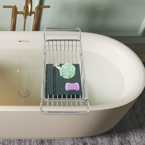 Expandable Bathtub Tray, Stainless Steel Bath Tub Caddy with Marble Base, Adjustable Over Tub Rack with Phone Tablet Holder, Bathtub Organizer (Silver) - color: Silver