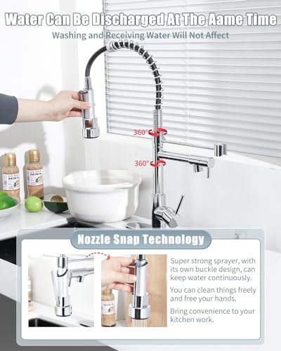 Kitchen Faucet with Soap Dispenser, Kitchen Faucet with Deck Plate and Dual Function Spray Head, Chrome Faucet for Camper Farmhouse RV Kitchen Sink, Single Handle Stainless Steel Sink Faucet - color: E.Chrome Polished, style: 1.Faucet+Soap Dispenser+Hole